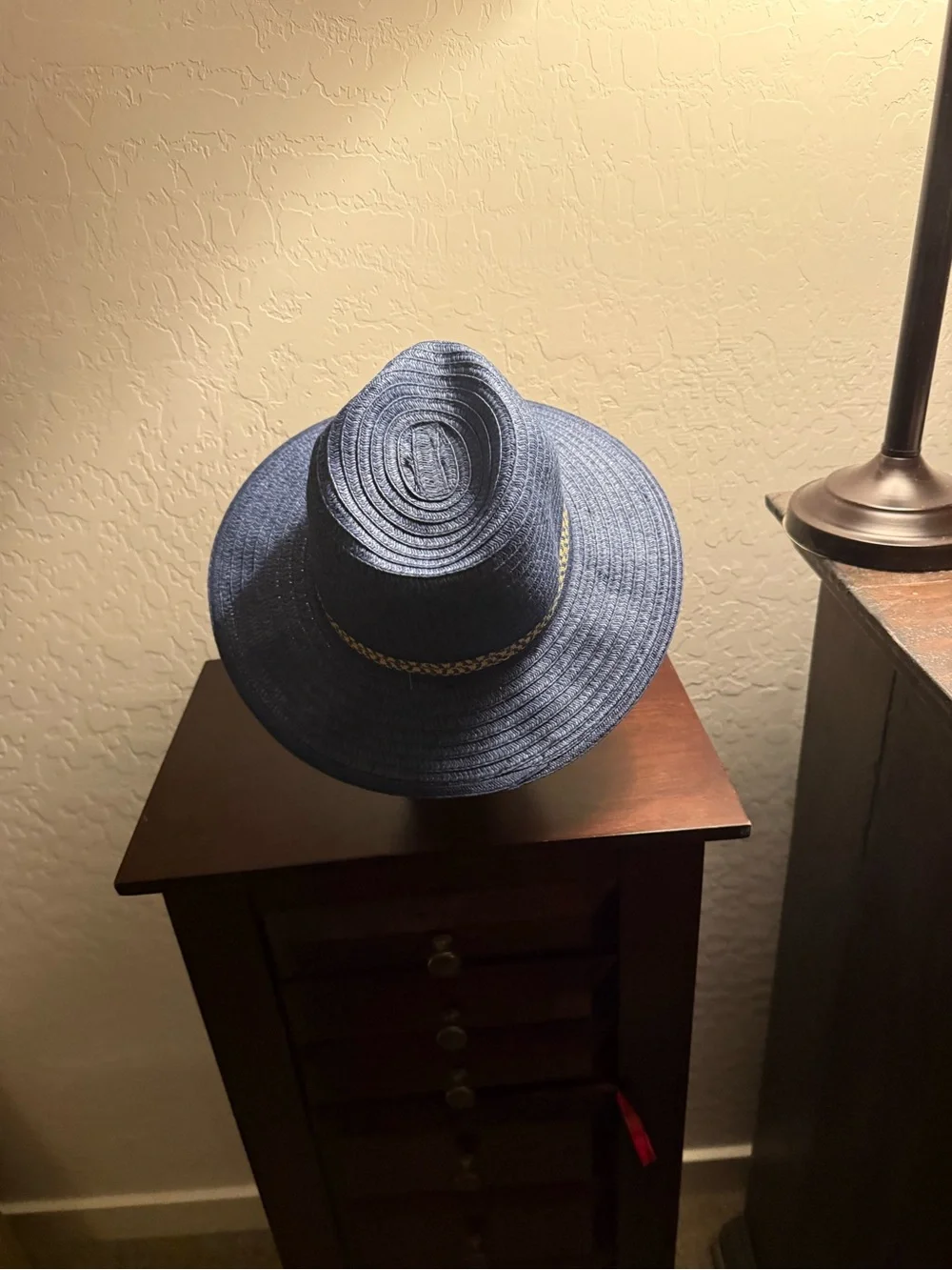 Wide-Brim Blue Straw Hat with Decorative Band